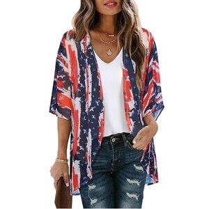 Golden Hour Bliss Patriotic Kimono Cardigan Top Tunic Red White Blue Medium
